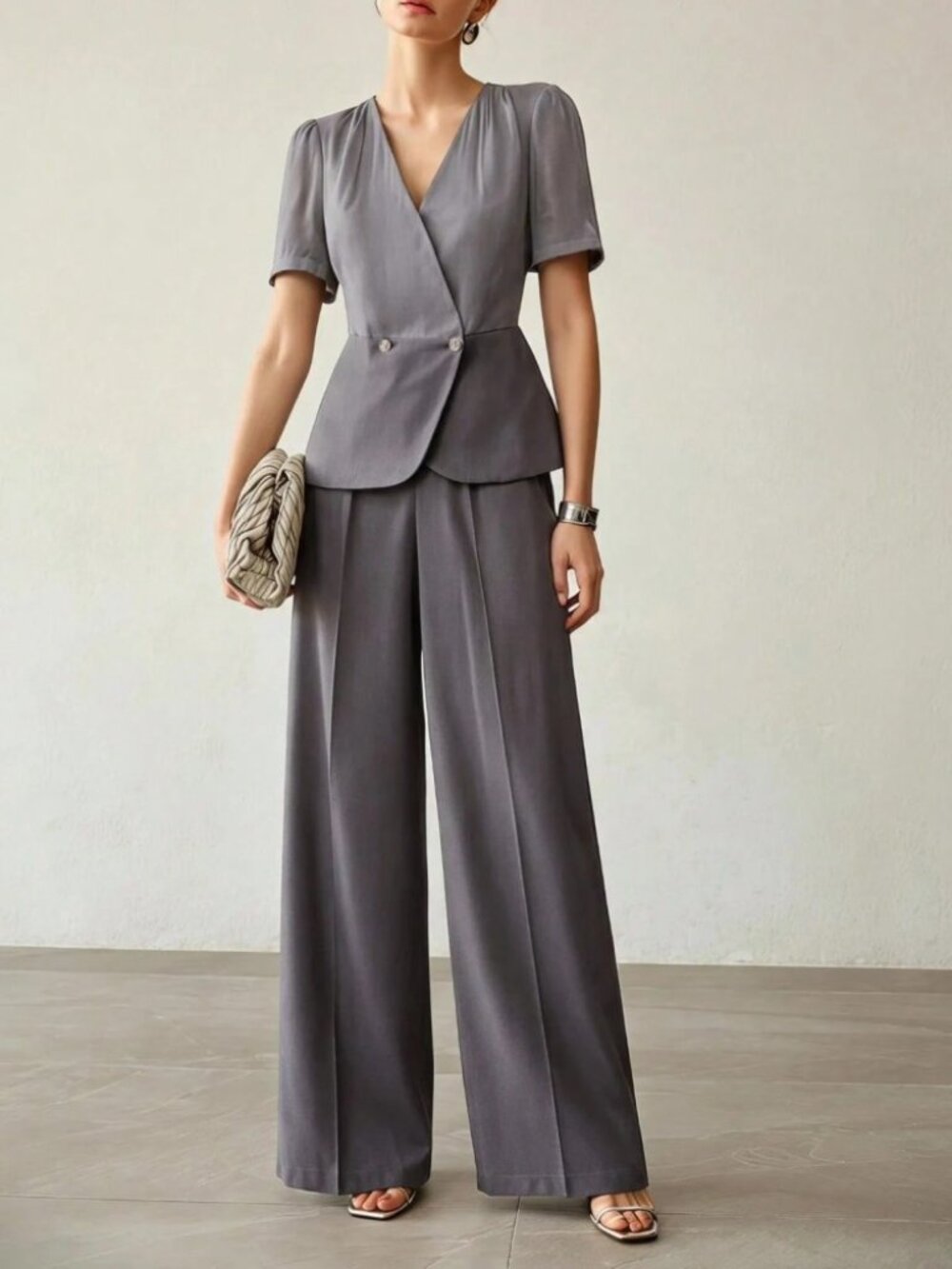 Gray Wrap Front Peplum Top & Wide Leg Pants Pantsuit Set